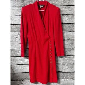 Vintage All That Jazz Wrap Dress Button Long Sleeve Cotton Knit USA Red 9/10